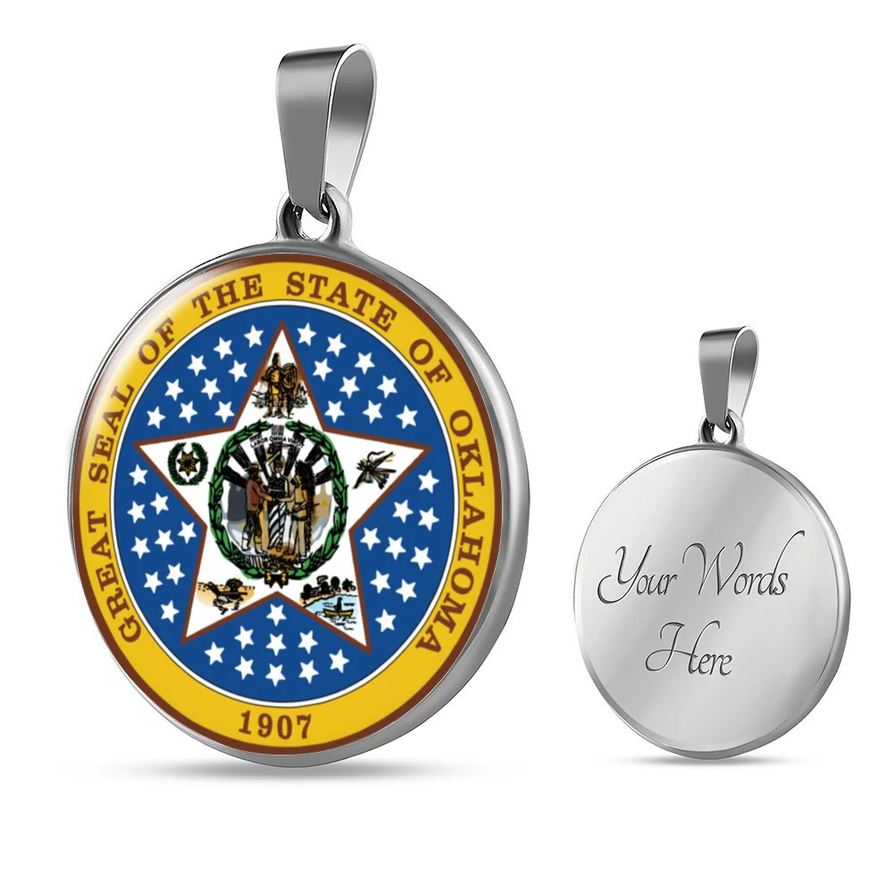 Oklahoma State Seal Circle Pendant Necklace Stainless Steel 24 Inch Chain Silve